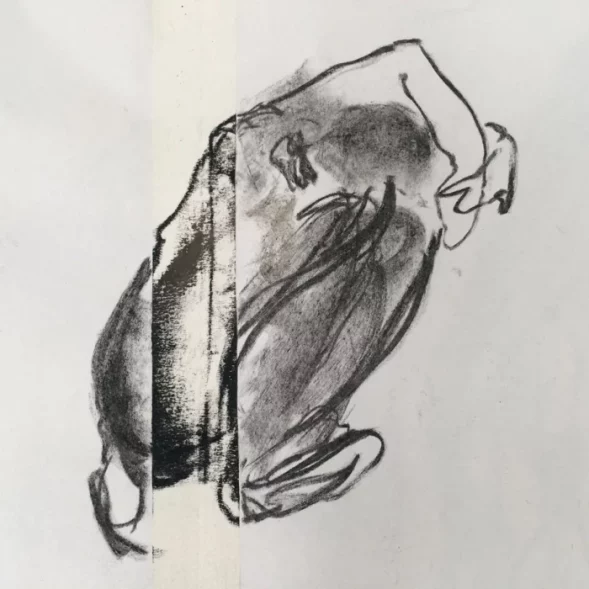 Charcoal drawing of a figure crouching on the floor